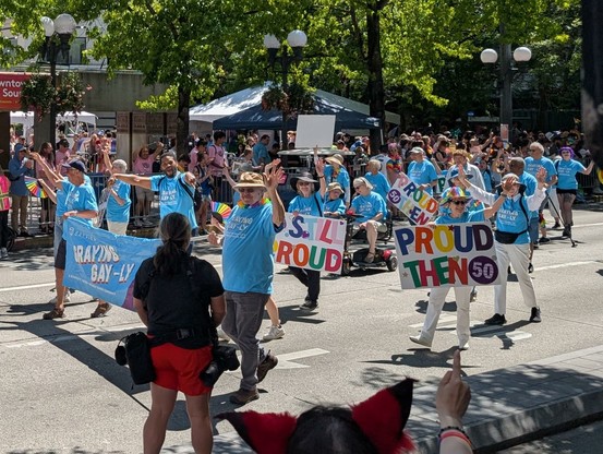 The "Graying Gay-ly" group with a leading flag. They're all dressed in blue shirts, and a few are holding signs that say things like "Still Proud" and "Proud Then 50."