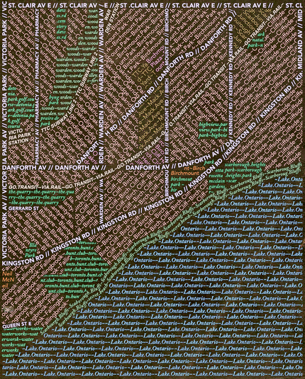 map of southwest Scarborough (Ontario) showing streets, rail, neighbourhoods, and land cover - all depicted entirely via text (of varying fonts and colours)