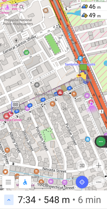 A screenshot of OsmAnd showing a route used for wheelchair navigation.