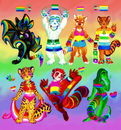 A color image of 7 semi-chibi pride themed anthro characters:

❤️Radar - witwatia bat  (triple-A) 
🧡Karsh - sarkastodon  (gay)
💛Chawy - daeodon  (pan)
💚Parhel - thylacoleo  (triple-A)
🩵Ling - marbled cat  (lesbian)
💙Rubyn - r+w flying squirrel  (pan)
💜Eme - megalania  (omni)