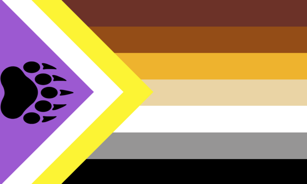 A hybrid flag.
The 6 earth tone stripes of the bear brotherhood flag
And a shevron made of the yellow white and lavender colours of the non-binary pride flag.
The black of the nb flag has been replaced with a black bear paw