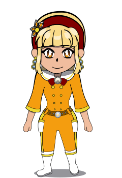 A chibi overworld “sprite” of Etta (PDP-5, LINC-8, PDP-8, PDP-14). She has shoulder-length sandy blonde hair with blunt bangs and has brown eyes, wears gold and light blue “8”-shaped earrings, a red headband with a white, orange and yellow flower motif on it. She wears a 1960’s Space Age style orange jumpsuit with yellow buttons, a white sailor collar with a yellow stripe, yellow trim along the sleeves and pant legs with white boots, and a brown belt with a sky blue buckle. She wears a round brooch on the collar with a red bowtie.