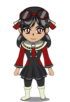 A chibi overworld “sprite” of Phuong (PDP-9, PDP-15). She has shoulder-length black hair with red eyes, wears round red glasses, a black mini-dress with red sleeves; the sleeves have black and pale yellow trim. Her dress has a wide pale yellow collar with a black stripe along it that is lined with pale yellow polka dots. She has a circular brooch on her dress collar with a red tie; she is also wearing black leggings with pale yellow boots, and she is wearing metal flower hair clips (based on the DECtape hub) with red and pale yellow ribbons.