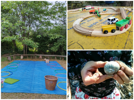 A collage of three photos: a tarpaulin set up with hoops and blocks, a table with a wooden railway set, and a snail shell as discovered by a child.