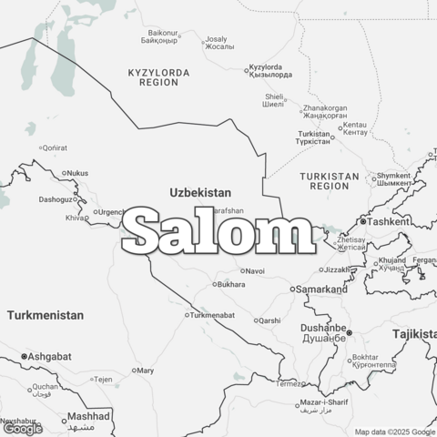 Map of Uzbekistan overlaid with a translation of the word "hello": Salom.