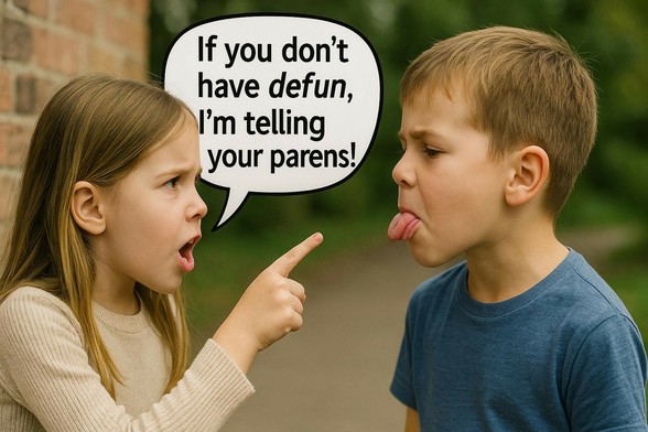 A boy sticking his tongue out. A girl pointing a finger at him saying "If you don't have defun, I'm telling your parens!"