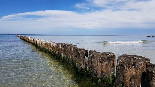 Mit Algen bewachsene Buhnen ragen aus dem Wasser, das Wasser glitzert im Sonnenlicht und plätschert in kleinen Wellen zum Strand, am Horizont bilden sich weiße Wolkenschleier, der hellblaue Himmel wird langsam bedeckt.