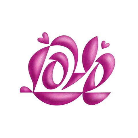 Stylized lettering artwork featuring the word "Love" in vibrant pink, surrounded by playful hearts.