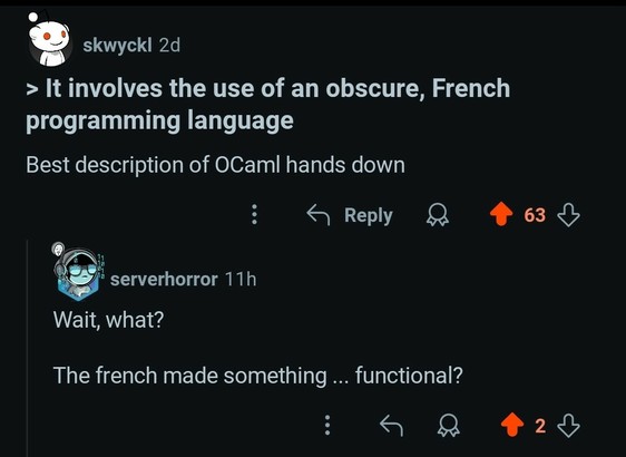 screenshot from reddit describing the success story of OCaml