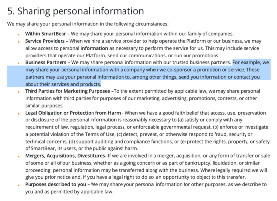 Privacy policy from smartbear, highlighting: “For example, we may share your personal information with a company when we co-sponsor a promotion or service. These partners may use your personal information to, among other things, send you information or contact you about their services and products.”