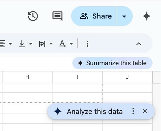 Google Sheets screenshot showing Gemini/AI sparkle icon at top of page, “Summarize this table” button above table, and “Analyze this data” button hovering under automatically highlighted by dashed lines section of table.