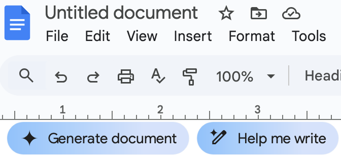 Untitled Google Docs with buttons “Generate document” and “Help me write.”