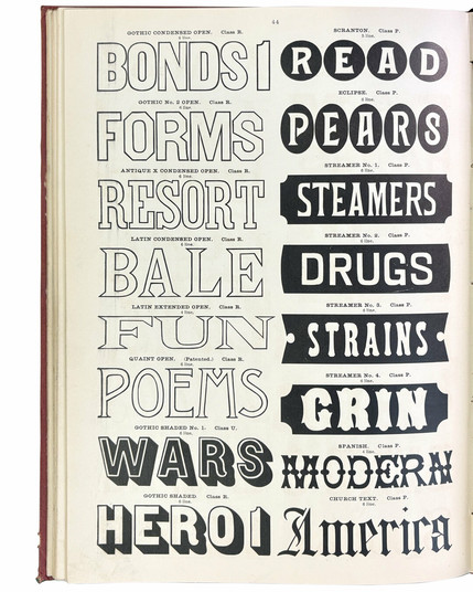 Left side (verso) of interior spread from c.1890 Morgans &amp; Wilcox specimen catalog, printed in black ink on cream stock, showing letterforms in various type styles; held at the Newberry Library.