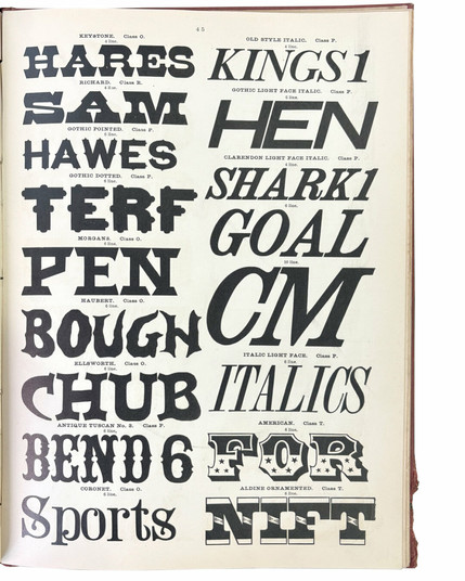 Right side (recto) of interior spread from c.1890 Morgans &amp; Wilcox specimen catalog, printed in black ink on cream stock, showing letterforms in various type styles; held at the Newberry Library.