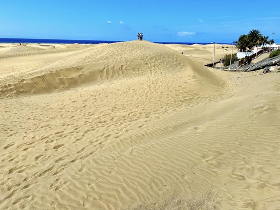 Here's a snap shot of the massive sand dunes of Maspalomas on a glorious spring day with blue skies all around and with a few people showing on top of one of them at scale. The people are not supposed to be there, but, still the scale is just mind-blowing on its own. One of the golden jewels of the island and by a long stretch. My everlasting fascination for them continues intact ... 👌🏻😍