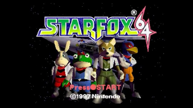 A screenshot of the Title screen from Star Fox 64, it features the Star Fox team standing in a line, with Fox slightly in front.