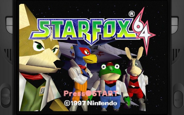 A screenshot of the alternative title from Star Fox 64. Fox is now standing to the left hand side looking towards the right.