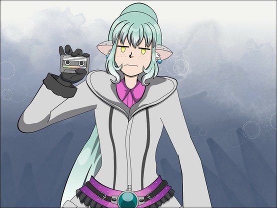 An illustration of Marcia looking displeased while she holds a cassette tape. She looks annoyed while she holds a cassette tape in one hand. She is wearing a pink blouse under a large silver hooded jacket with black cuffs, black gloves, and a pair of dark gray stripes along the front. Her jacket has a pink and purple galaxy patterned sash with a large clock-shaped brooch with a turquoise gem in the middle and a narrow black belt with metal buckles holds the brooch to the sash; her jacket that she wears for stealth missions is inspired by Ezio's outfit in Assassin’s Creed II.