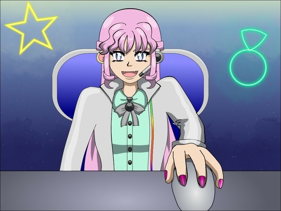 An illustration of Regina starting a gaming session; she is seated in a gaming chair with a light above her. She changed her hair to pink and lengthened it, and wears a mint green mini-dress with a silver jacket, a gray bow, and a sparkling black CC insignia brooch. She has a headpiece in her left ear and is holding a computer mouse in her left hand.