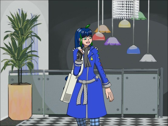 Image Description: A mid-level shot of Pleiades cheerfully talking to Marcia who is off-screen. She is standing near a glass and metal stair rail. The black and white checkerboard floor and rainbow terrazzo can be seen; closer in the background is a potted plant. Further back is a dark gray accent wall with a chandelier with 7 lights with covers in the colors of the old Apple logo rainbow plus white, with a crystal layer in the middle. Pleiades is wearing a blue trench coat with a gray polka-dotted belt, spikes on the shoulders, a gray scarf, a pattern of 7 stars along the left sleeve with gray cuffs, and is wearing blue and black plaid trousers.
