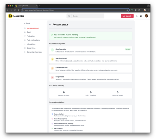 Loops Account status page, explaining the current status of your account