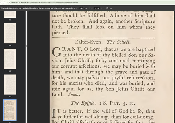 Scanned page of the The Book of common prayer : and administration of the sacraments, and other rites and ceremonies of the church, according to the use of the Church of England : together with the Psalter or Psalms of David, pointed as they are to be sung or said in churches
by Church of England

Publication date 1762
Topics Liturgy, Church of England -- Liturgy
Publisher Cambridge : Printed by J. Baskerville ... by whom they are sold, and by B. Dod, Bookseller ... London


Very elegant narrow measure typesetting in Baskerville's own typeface. Drop caps, italics, archaic ligatures, small caps, rules; a complete course in beautiful book typesetting.