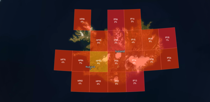 Map of Iceland, containing grids and percentages next to each grid. Most percentages are lower than 10%, with HP94 being the highest at 9%.