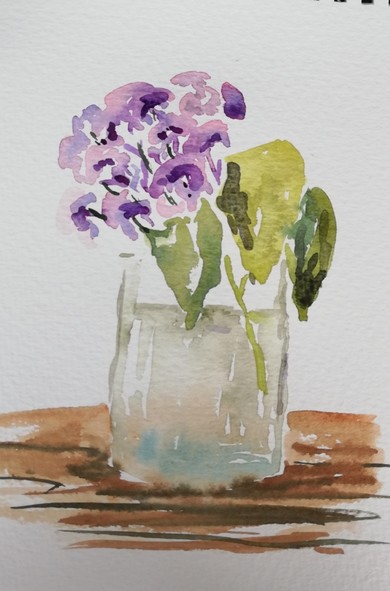 Quick watercolour sketch of a flower stem in a jam jar.