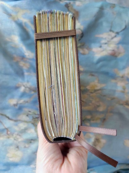 The underside of the journal pages, bulging the cover because it's been doubled by all the washi tape and stickers.