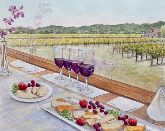 Watercolor painting of red wine, fruit and cheese plates on a table overlooking a vineyard. Some reflections in the window looking out to Napa Valley.