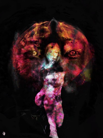 Color photograph, multiple exposure, 1:1 format. Motion-blurred self-portrait of a woman crouching on one knee with her arms fanned out above her head and to the sides of her body. Above, exposed in dark, warm reddish-orange colors, is the oversized head of a dog, whose eyes look out at the viewer to the left and right of the woman. Overall impression: an unfolding movement, seeking an intense connection with the viewer, like a phoenix rising from the ashes, an old yet new soul (re)gaining life.