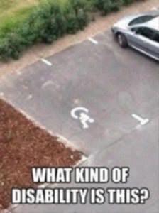 what kind of disability is this [whoever painted the wheelchair put the big wheel on top of the person's head instead of at the bottom to make a wheel]