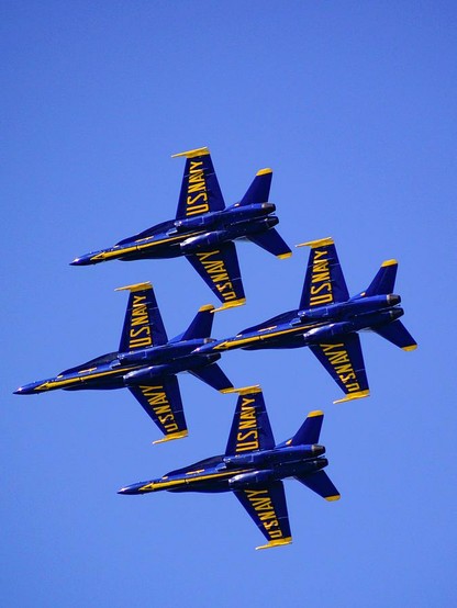 Blue Angels

The Blue Angels are a precision flying team that puts on ariel exhibitions throughout the country promoting the US Navy.
Here they are flying their F-18 fighter jets in a diamond formation above the San Francisco Bay.
The dark blue jets are trimmed in gold with US Navy painted on both wings. The jets are flying in tight formation against a clear blue sky.