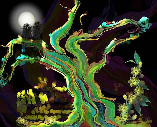 Magical Garden Full Moon Tonight by Joan Stratton - paintingsbyjoan.com

Let's take a walk in the full moon light, where the shadows are lighter than in half moonlight. Are we being watched?

Two owls sit perched on a vibrantly swirling tree that spreads its colorful branches under a bright full moon. Lush yellow flowers bloom nearby, enhancing the surreal and mystical atmosphere.

Ether Art – A hand-drawn drawing / painting using the exciting modern art form, where art is created from scratch using a computer in lieu of a real canvas and paint, water colour, pastel, pencil, charcoal etc I create digital art from the ether, exactly the same as if I was starting with a blank canvas.