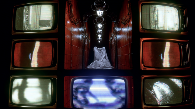 Reste du Signal.
Couloir sinistre avec silhouette drapée entourée d’écrans CRT diffusant des interférences étranges, dans une ambiance de VHS hantée.
Sinister hallway with a draped figure surrounded by CRT screens emitting strange interference, in a haunted VHS atmosphere.