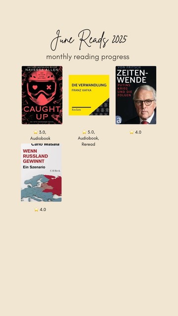 A graphic titled "June Reads 2025" displays four book covers and their ratings. The books include "Caught Up" by Navessa Allen (3 stars, audiobook), "Die Verwandlung" by Franz Kafka (5 stars, audiobook), "Zeitenwende: Putins Krieg und die Folgen" by Rüdiger von Fritsch (4 stars), "Wenn Russland gewinnt : Ein Szenario" by Carlo Masala (4 stars).
