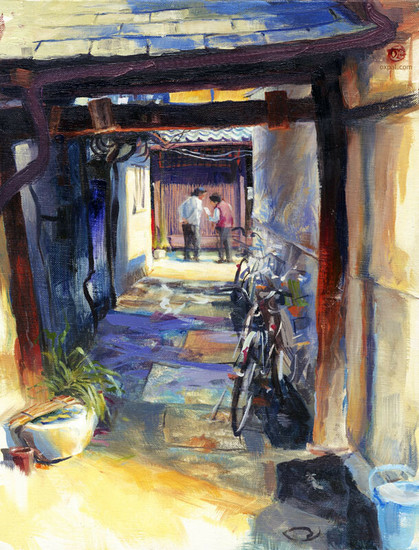 Oil painting of a gateway to a Japanese alley, with two locals chatting.