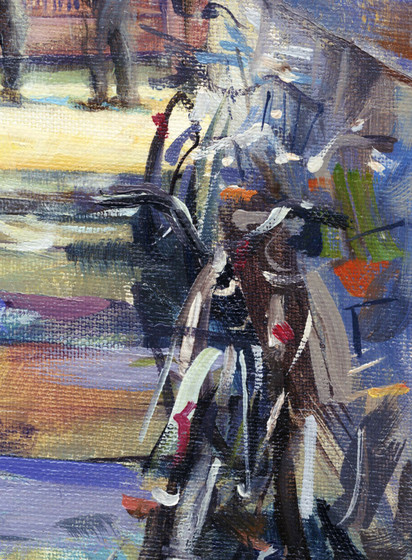 Details of an oil painting ofJapanese backalley in Kyoto,showing the bikes on a wall.