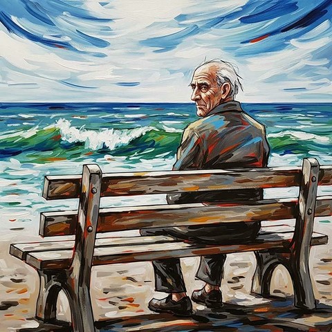 The painting captures a moment of reflection and solitude, and by looking back at the viewer over his shoulder, the old seafarer invites us to ponder our own journeys and the passage of time.