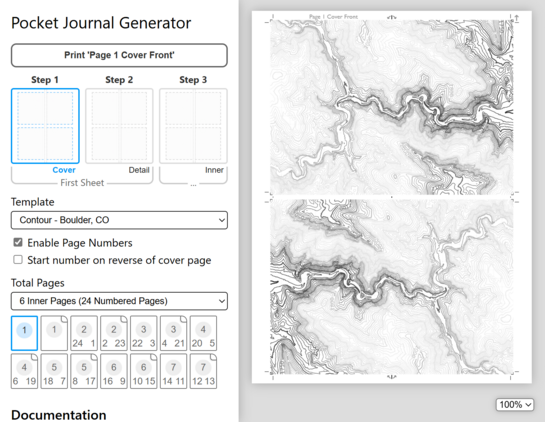 A pocket journal generator application. The left column allows print, selecting which page is being printed and the type (cover, detail page for the first inner page, and the writing pages).

The right side shows a preview of the journal page being printed.