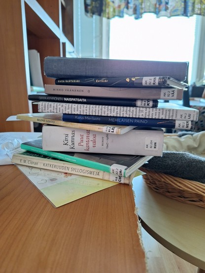 kirjakasa:

kaija rantakarin Kertosäe
Mikko Väänäsen Q
Sirpa Kyyrösen Naispatsaita
Sami liuhdon Amok
Katja Meriluodon Mehiläisen paino
Silene Lehdon lumikin sydän
Kirsi Kunnaksen Puut kantavat valoa
Katharina Gripenbergin Ottaisit käteni, kummallista
E.M. Cioranin Kateruuden syllogismeja