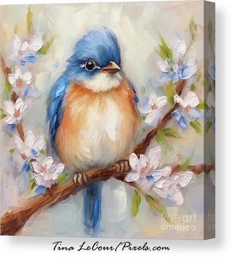 This is a canvas impressionism of a plump bluebird sitting on a branch with tiny pink blossom flowers.