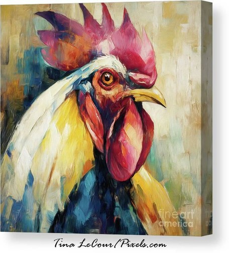 This is an canvas of an impressionism of a color rooster, in shades of bluem yellow and red.