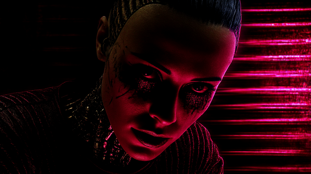 Extinction Neuronale.
Portrait cyberpunk intense d’une femme cyborg au regard perçant, baignée de lumières rouges et de textures numériques distordues.
Intense cyberpunk portrait of a female cyborg with piercing eyes, bathed in red light and distorted digital textures.