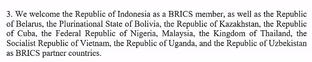 🇧🇷🇧🇾🇧🇴🇰🇿🇨🇺🇮🇩🇳🇬🇲🇾🇹🇭🇻🇳🇺🇬🇺🇿 BREAKING: BRICS announced 10 new official partner countries in the Rio de Janeiro Declaration: Belarus, Bolivia, Kazakhstan, Cuba, Indonesia, Nigeria, Malaysia, Thailand, Vietnam, Uganda, and Uzbekistan.

>LEAKLIV:/