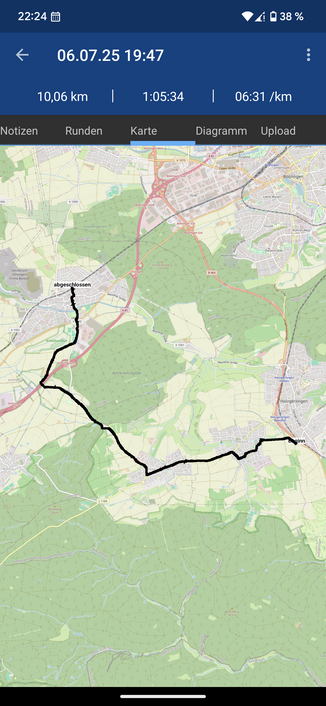 Screenshot of a runner app. Stats in the top:
06.07.2025, 7:47 PM
10.06 KM
01:05:34
06:31 min/km
Below is a map showing the route
