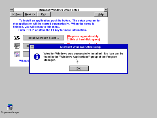 Microsoft Office Setup v1.00 for Windows 3.x after installing Word