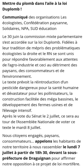 Rassemblement le 7 juillet à Draguignan contre la loi Duplomb