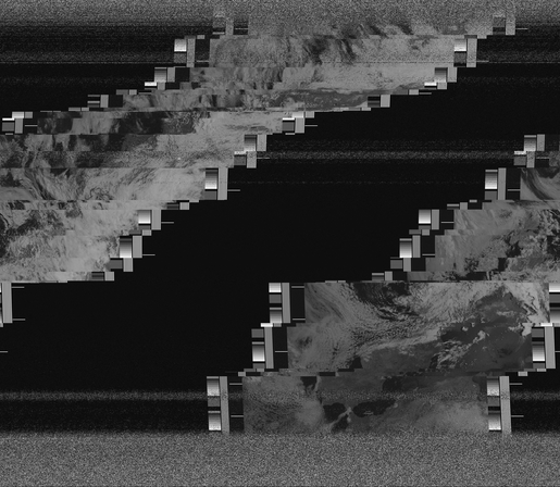 Image received from NOAA 15 on 07.07.2025: A distorted satellite image. The rows are out of sync. There are horizontal bands and noise. The image is showing fragmented cloud patterns and Earth's surface in grayscale.
