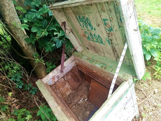 A horizontal beekeeping box with double wooden walls that are filled with some kind of natural fibre, perhaps chaff or hemp, not sure. The lid is flipped open and held by its hinges and two straps. Inside the lid numbers are written in green paint: 1988 5 and 2000 VI. The far side has a hinged that lets half the side swing open, opposite of the bee entrance. The box is empty apart from some debris. The area around it is overgrown with virginia creeper.